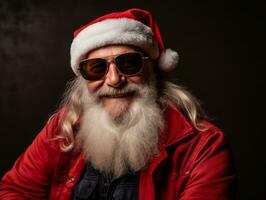 hombre vestido como Papa Noel claus en juguetón actitud en sólido antecedentes ai generativo foto