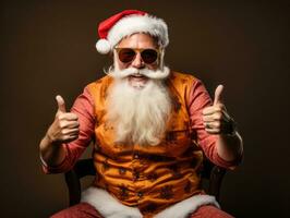 hombre vestido como Papa Noel claus en juguetón actitud en sólido antecedentes ai generativo foto