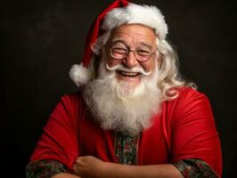 hombre vestido como Papa Noel claus en juguetón actitud en sólido antecedentes ai generativo foto