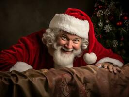 Man dressed as Santa Claus in playful pose on solid background AI Generative photo