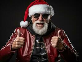 hombre vestido como Papa Noel claus en juguetón actitud en sólido antecedentes ai generativo foto