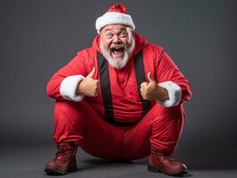 hombre vestido como Papa Noel claus en juguetón actitud en sólido antecedentes ai generativo foto