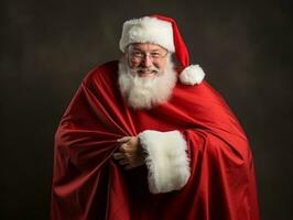 hombre vestido como Papa Noel claus en juguetón actitud en sólido antecedentes ai generativo foto