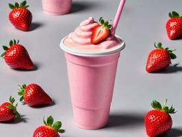 A Cup Of Strawberry Milkshake Surrounded By Strawberries. AI Generated photo