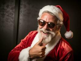 hombre vestido como Papa Noel claus en juguetón actitud en sólido antecedentes ai generativo foto