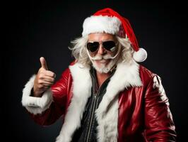 hombre vestido como Papa Noel claus en juguetón actitud en sólido antecedentes ai generativo foto