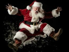 hombre vestido como Papa Noel claus en juguetón actitud en sólido antecedentes ai generativo foto