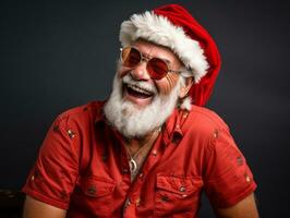 hombre vestido como Papa Noel claus en juguetón actitud en sólido antecedentes ai generativo foto