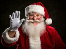 hombre vestido como Papa Noel claus en juguetón actitud en sólido antecedentes ai generativo foto