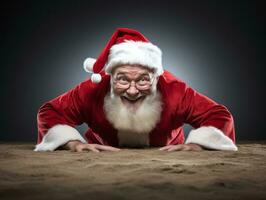 Man dressed as Santa Claus in playful pose on solid background AI Generative photo