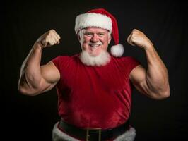 hombre vestido como Papa Noel claus en juguetón actitud en sólido antecedentes ai generativo foto