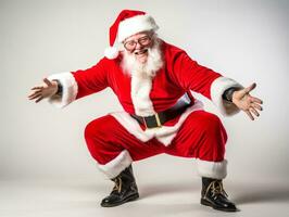 hombre vestido como Papa Noel claus en juguetón actitud en sólido antecedentes ai generativo foto