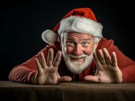 hombre vestido como Papa Noel claus en juguetón actitud en sólido antecedentes ai generativo foto