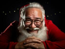 hombre vestido como Papa Noel claus en juguetón actitud en sólido antecedentes ai generativo foto