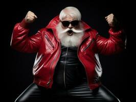 hombre vestido como Papa Noel claus en juguetón actitud en sólido antecedentes ai generativo foto