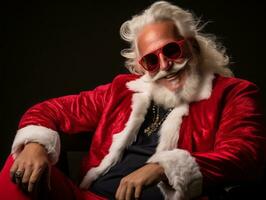 hombre vestido como Papa Noel claus en juguetón actitud en sólido antecedentes ai generativo foto