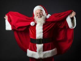 Man dressed as Santa Claus in playful pose on solid background AI Generative photo