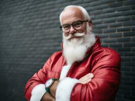 Man dressed as Santa Claus in playful pose on solid background AI Generative photo