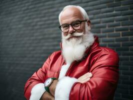 hombre vestido como Papa Noel claus en juguetón actitud en sólido antecedentes ai generativo foto