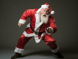 hombre vestido como Papa Noel claus en juguetón actitud en sólido antecedentes ai generativo foto