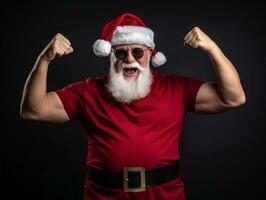 hombre vestido como Papa Noel claus en juguetón actitud en sólido antecedentes ai generativo foto