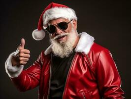 hombre vestido como Papa Noel claus en juguetón actitud en sólido antecedentes ai generativo foto