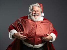 hombre vestido como Papa Noel claus en juguetón actitud en sólido antecedentes ai generativo foto