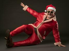 hombre vestido como Papa Noel claus en juguetón actitud en sólido antecedentes ai generativo foto