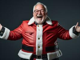 Man dressed as Santa Claus in playful pose on solid background AI Generative photo