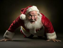 hombre vestido como Papa Noel claus en juguetón actitud en sólido antecedentes ai generativo foto