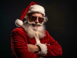 hombre vestido como Papa Noel claus en juguetón actitud en sólido antecedentes ai generativo foto