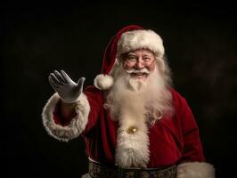 hombre vestido como Papa Noel claus en juguetón actitud en sólido antecedentes ai generativo foto