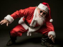 hombre vestido como Papa Noel claus en juguetón actitud en sólido antecedentes ai generativo foto