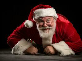 hombre vestido como Papa Noel claus en juguetón actitud en sólido antecedentes ai generativo foto