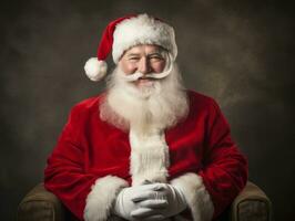 hombre vestido como Papa Noel claus en juguetón actitud en sólido antecedentes ai generativo foto