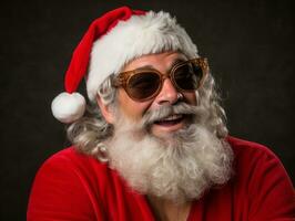 hombre vestido como Papa Noel claus en juguetón actitud en sólido antecedentes ai generativo foto