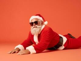 Man dressed as Santa Claus in playful pose on solid background AI Generative photo