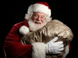 hombre vestido como Papa Noel claus en juguetón actitud en sólido antecedentes ai generativo foto