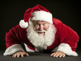 hombre vestido como Papa Noel claus en juguetón actitud en sólido antecedentes ai generativo foto