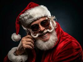 hombre vestido como Papa Noel claus en juguetón actitud en sólido antecedentes ai generativo foto