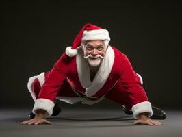 hombre vestido como Papa Noel claus en juguetón actitud en sólido antecedentes ai generativo foto