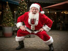 hombre vestido como Papa Noel claus en juguetón actitud en sólido antecedentes ai generativo foto