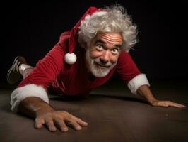 hombre vestido como Papa Noel claus en juguetón actitud en sólido antecedentes ai generativo foto