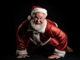 hombre vestido como Papa Noel claus en juguetón actitud en sólido antecedentes ai generativo foto