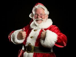 hombre vestido como Papa Noel claus en juguetón actitud en sólido antecedentes ai generativo foto