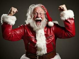 hombre vestido como Papa Noel claus en juguetón actitud en sólido antecedentes ai generativo foto