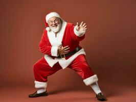 hombre vestido como Papa Noel claus en juguetón actitud en sólido antecedentes ai generativo foto