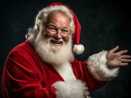 hombre vestido como Papa Noel claus en juguetón actitud en sólido antecedentes ai generativo foto