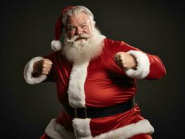 Man dressed as Santa Claus in playful pose on solid background AI Generative photo