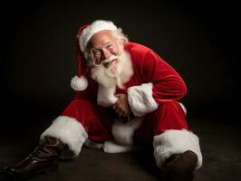 hombre vestido como Papa Noel claus en juguetón actitud en sólido antecedentes ai generativo foto